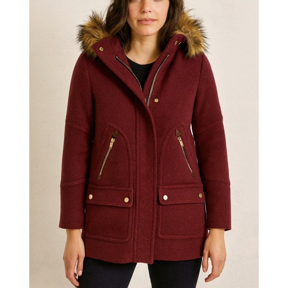 J.Crew Chateau Parka Italian Stadium Cloth Wool Coat Jacket Faux Fur Trim